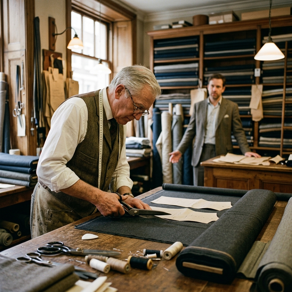 A confident tailor cutting fabric while the customer stands in the background, not yet measured