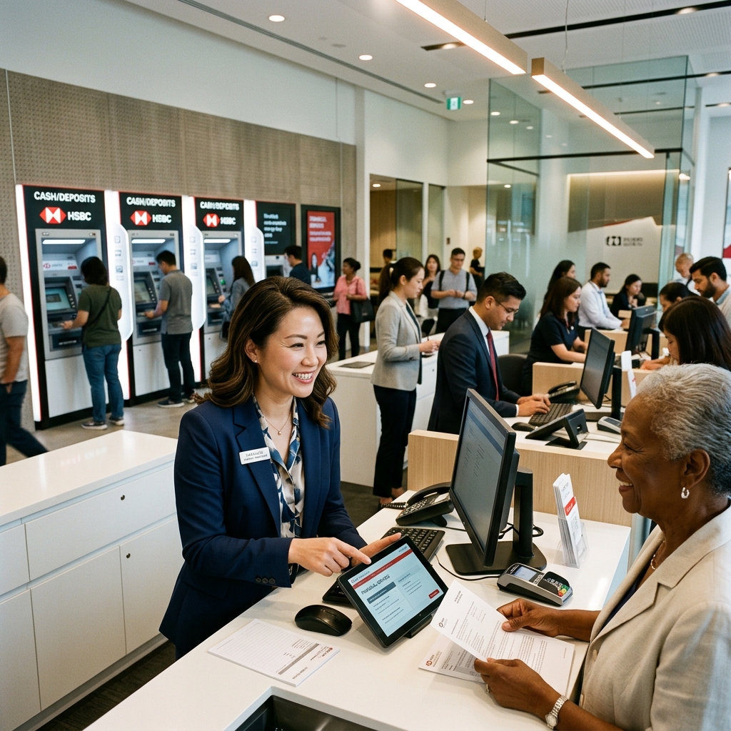 A busy modern bank branch where technology and human expertise coexist and thrive together