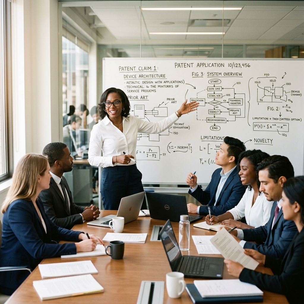 A female senior patent attorney leading a team, the kind of high-judgment leadership no AI replaces