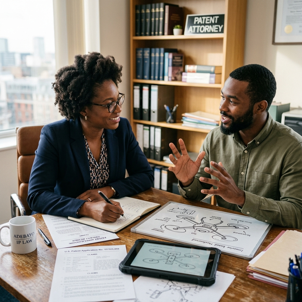 A female patent attorney in deep conversation with an inventor at her desk, a relationship AI cannot replicate