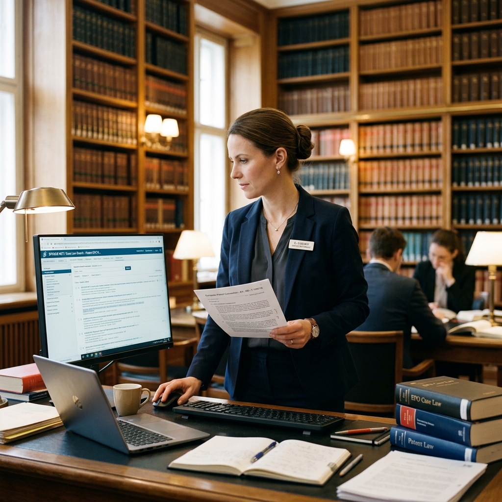 A patent attorney using legal research databases in a law library; technology amplifying human expertise