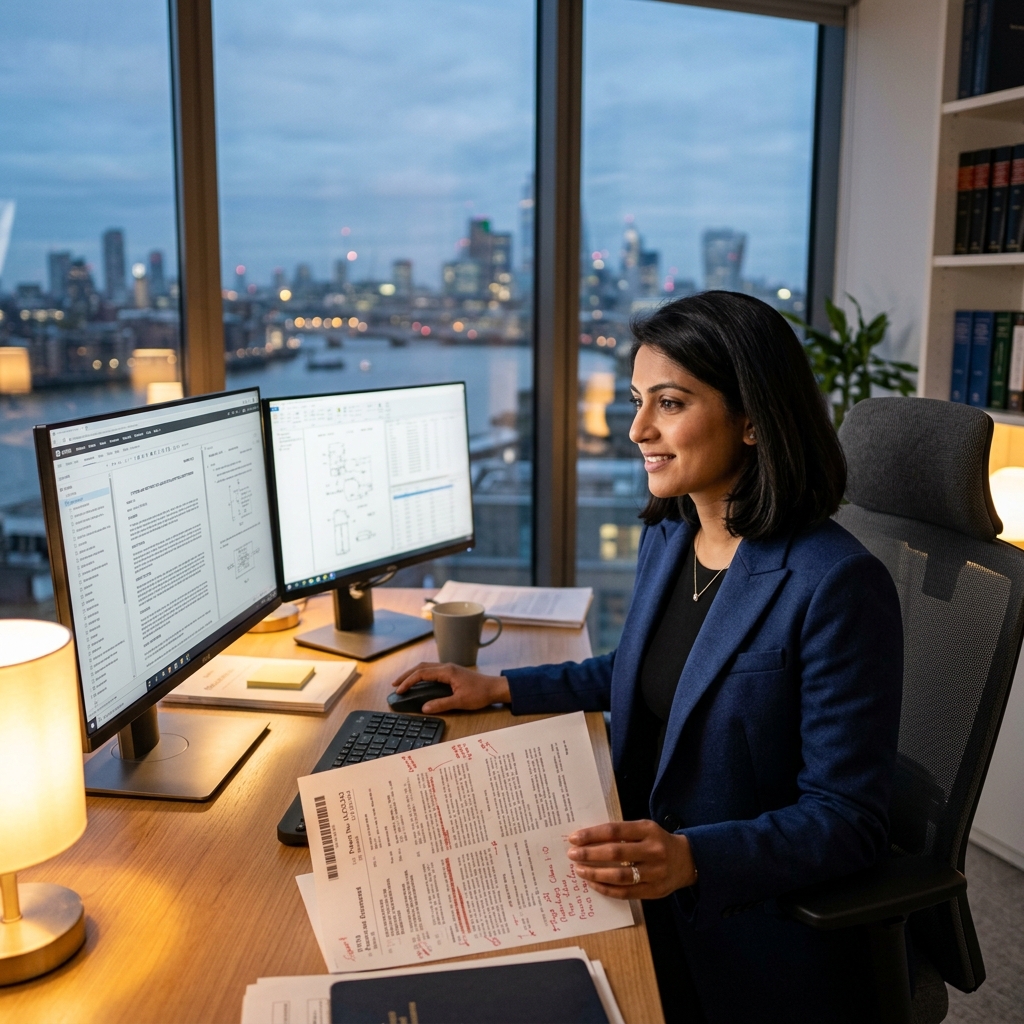 A female patent attorney working with AI drafting tools at her desk, calm and in control