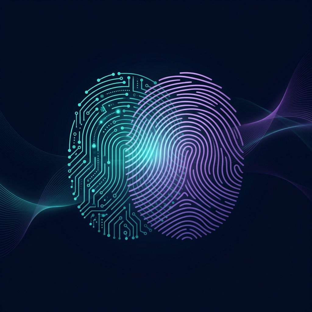 Adaptive AI — two fingerprints merging, one digital and one organic, representing the fusion of AI drafting and attorney writing style