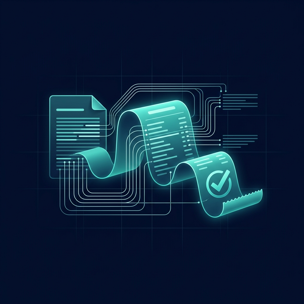 Checkable AI — a glowing audit trail connecting every AI output back to its source in the patent disclosure