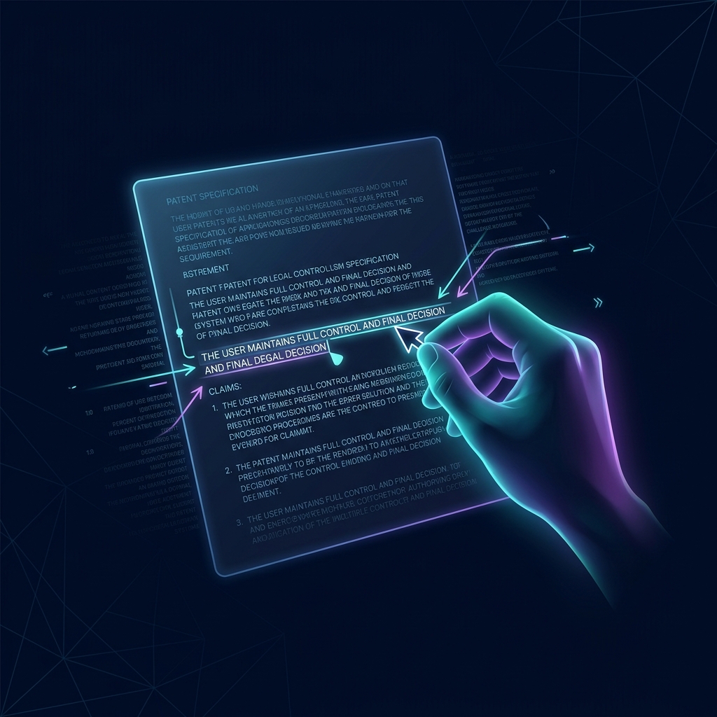 Editable AI — an attorney's hand making a precise edit on a glowing patent document, representing full control over AI output
