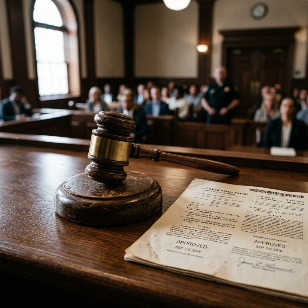 Judge's gavel resting next to a granted United States patent document in a courtroom