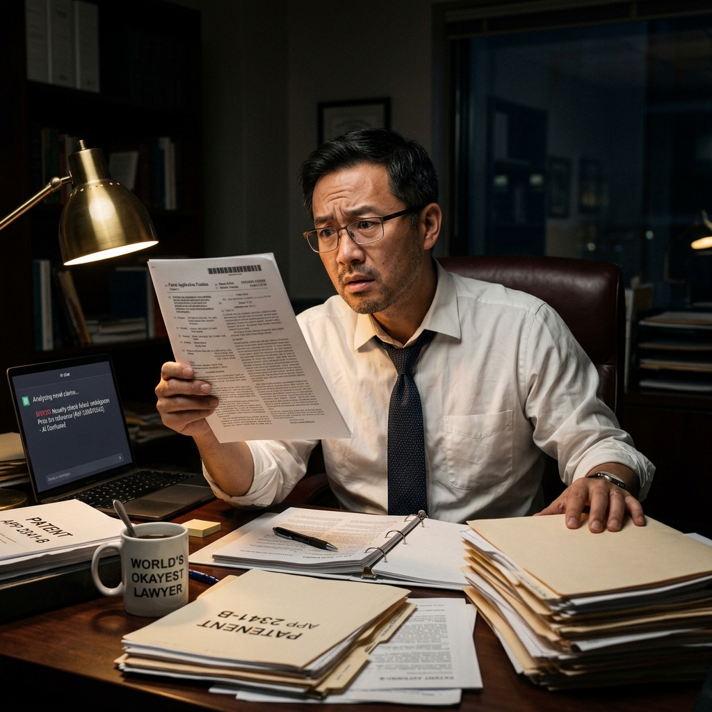 A patent attorney staring at a document in confusion after finding an AI-generated detail that was never in the original disclosure