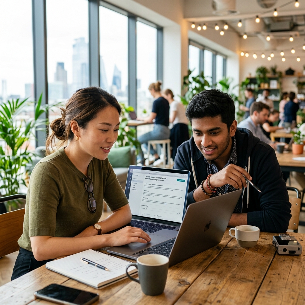 A young attorney and inventor working together with AI drafting tools in a modern accessible co-working space
