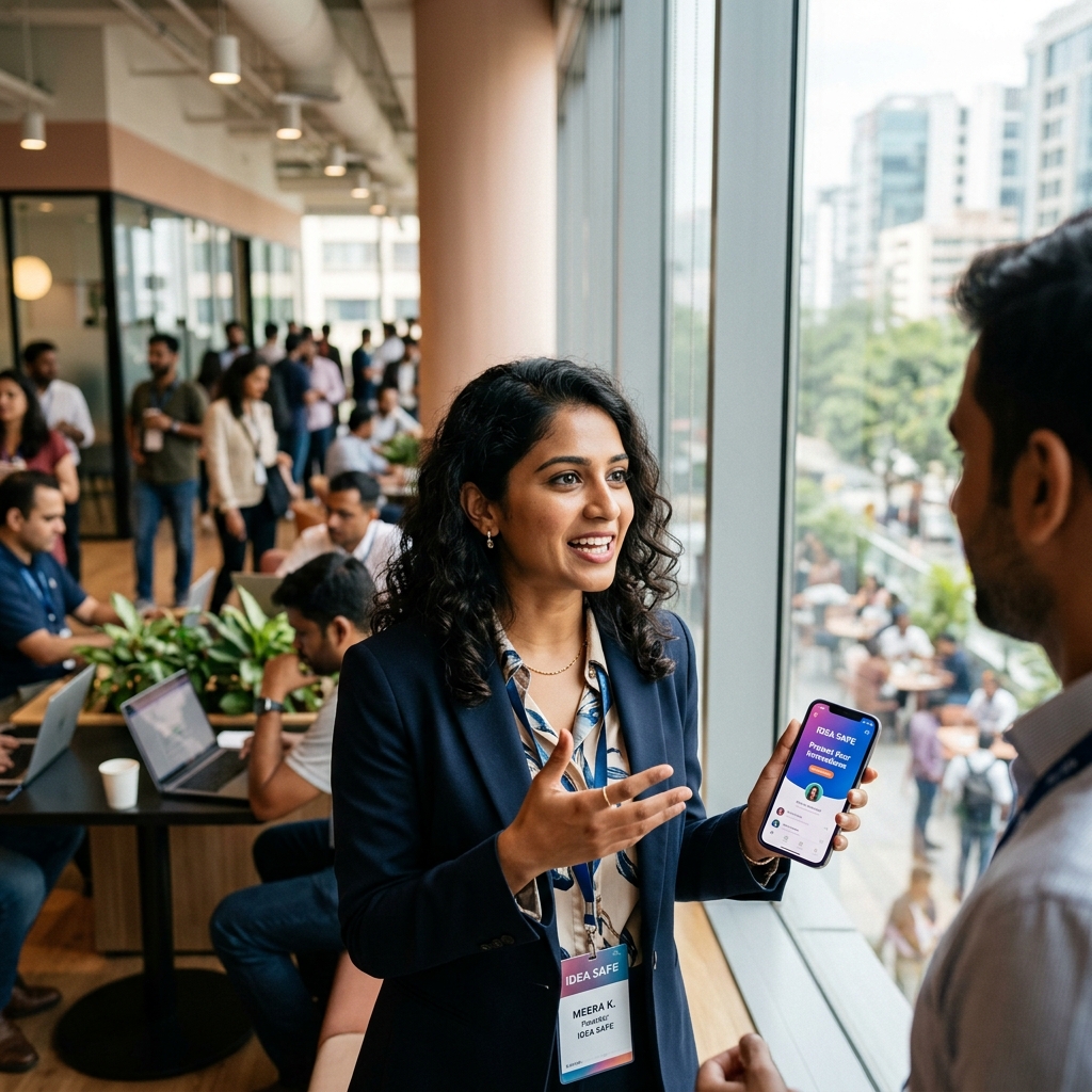A young South Asian female inventor at a startup event, a genuine idea not yet protected