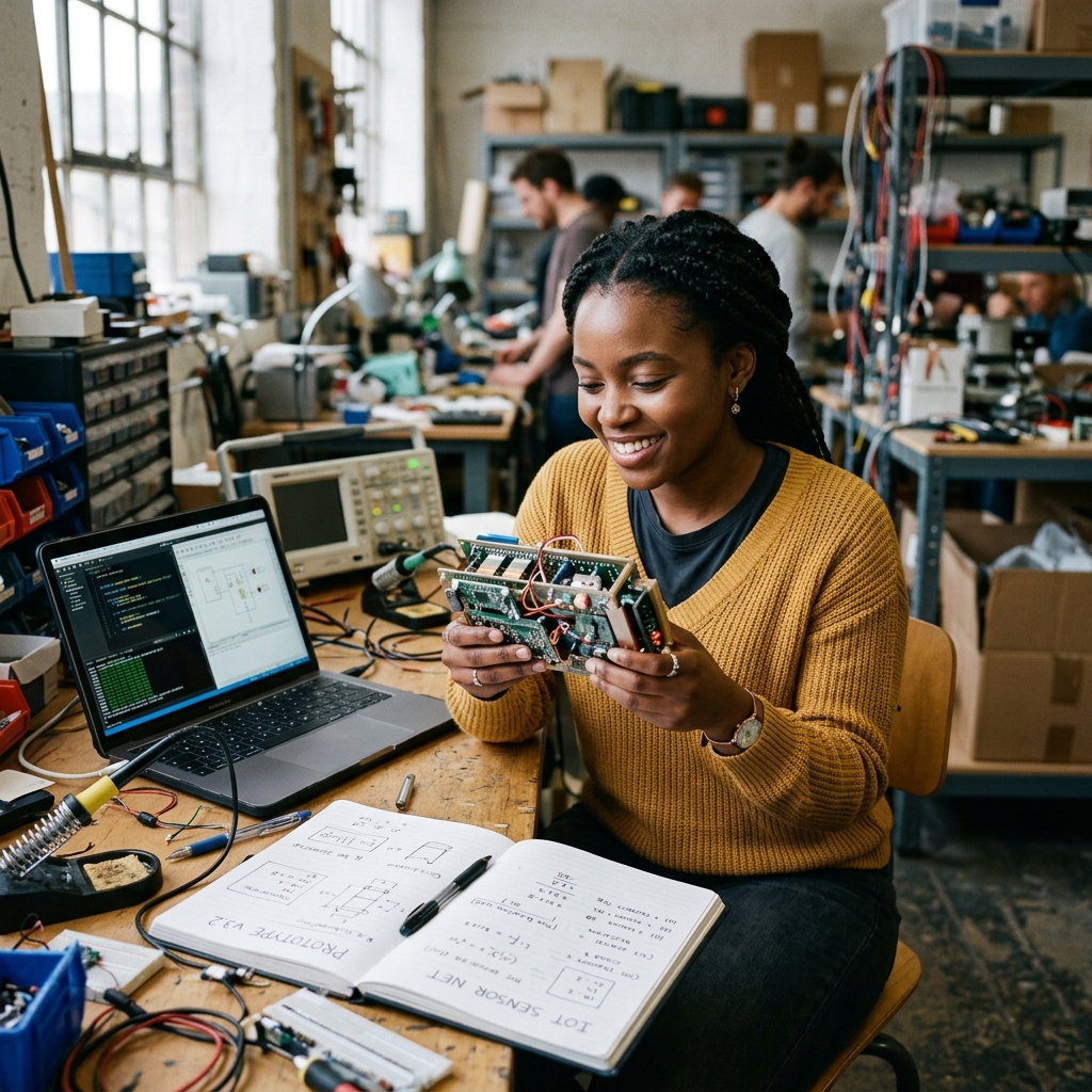 A young inventor holding her prototype, outside the formal system of patent protection