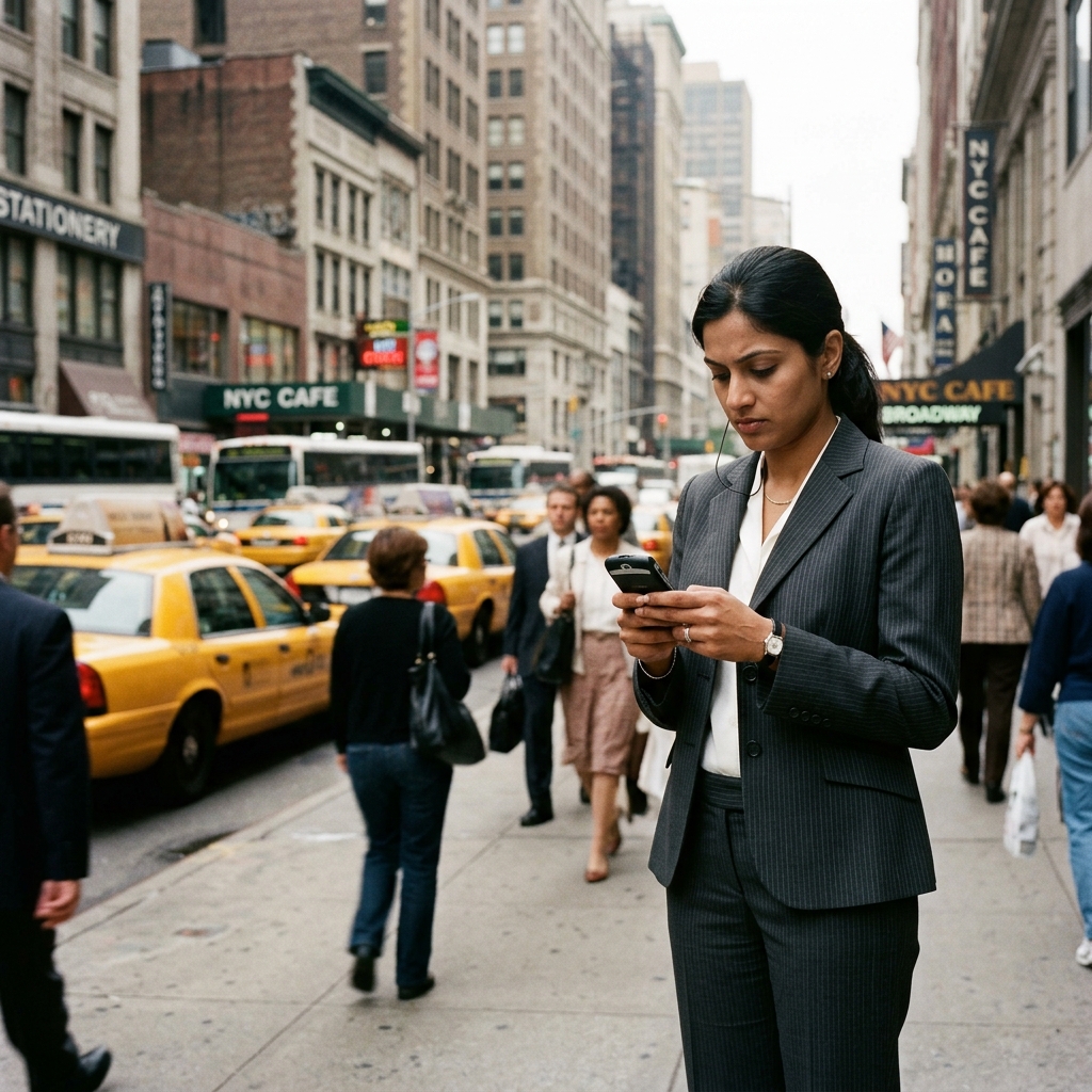 A professional using a BlackBerry in New York City; the device at the centre of the largest patent settlement in tech history