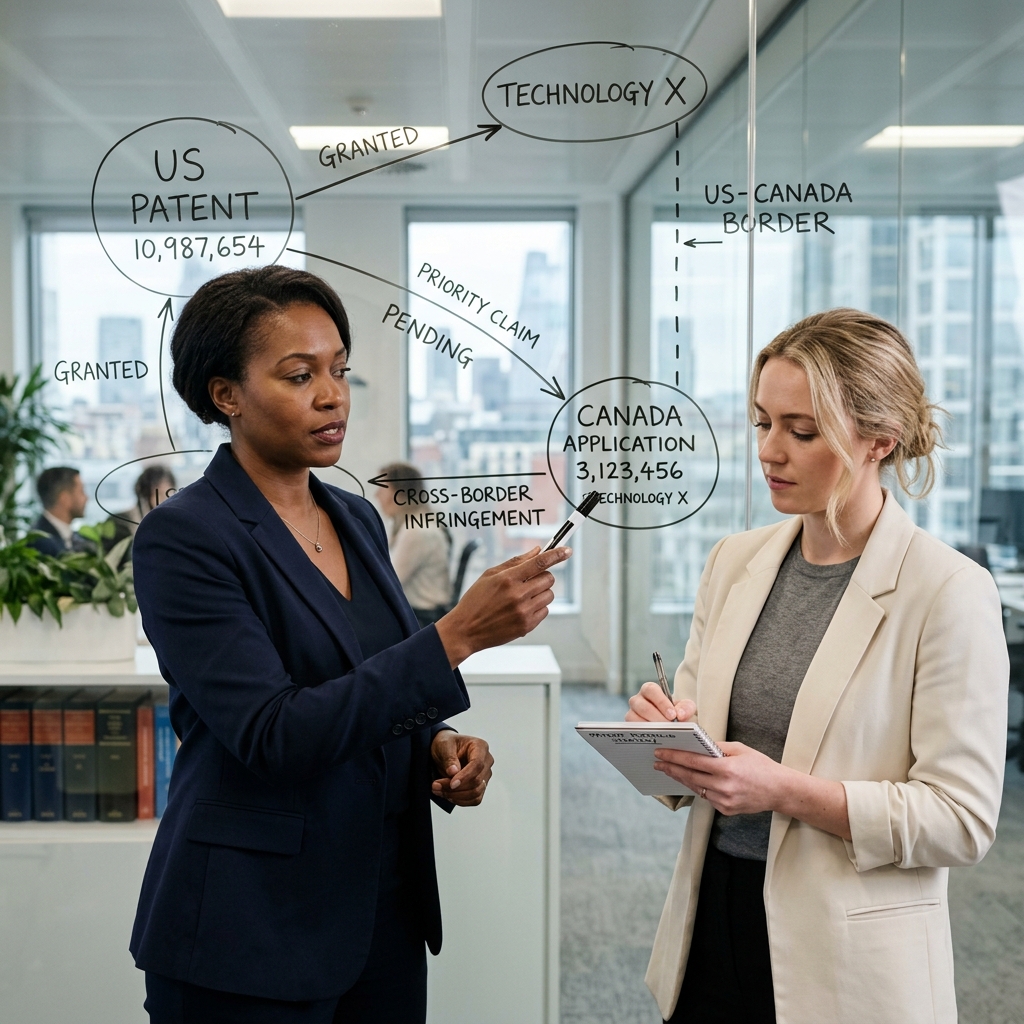Two female patent attorneys analysing a cross-border patent infringement diagram; the kind of strategic analysis that decided the NTP case