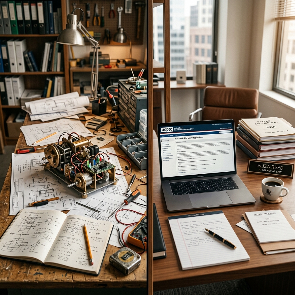 Split scene: inventor's workshop desk with blueprints and prototype on the left, attorney's office with USPTO filing portal on the right
