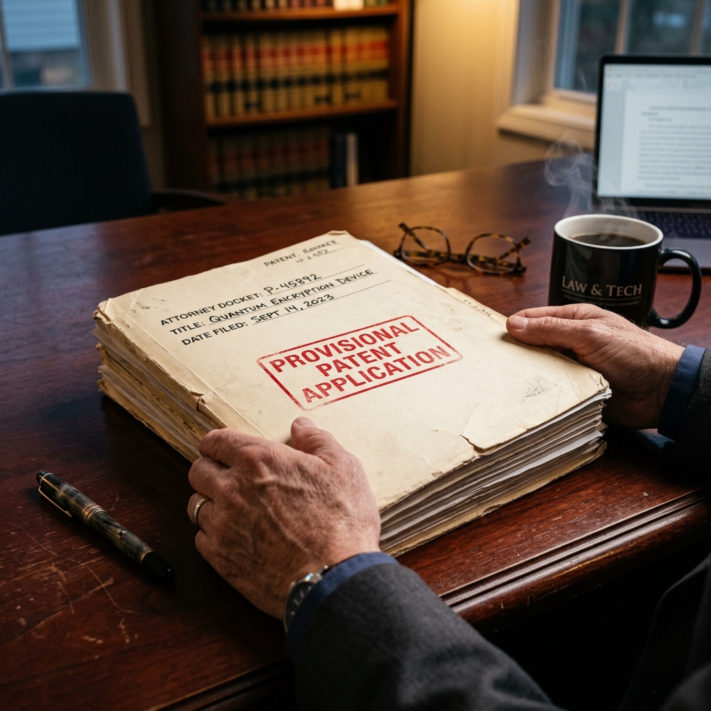 Patent attorney reviewing a provisional patent application folder on a mahogany desk
