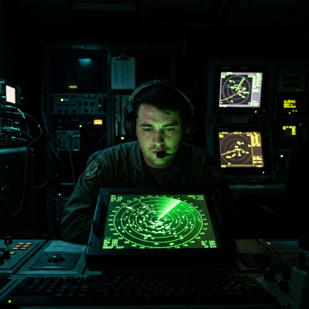 A radar operator in a darkened control room, face lit by the green glow of a circular radar sweep screen, tracking blips visible on surrounding displays
