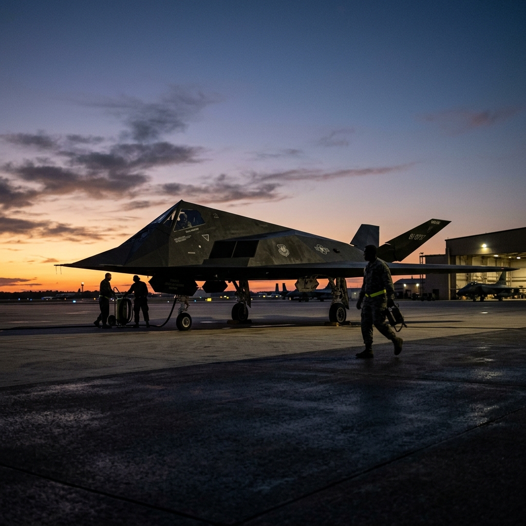 A stealth aircraft on a flight line at dusk, its angular geometric surfaces catching the last light, ground crew in silhouette