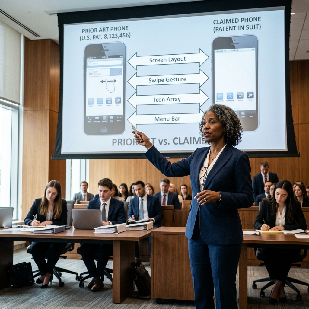 A senior patent attorney presenting prior art vs claim comparison in a modern courtroom; the kind of expert argument that decided the Apple Samsung case
