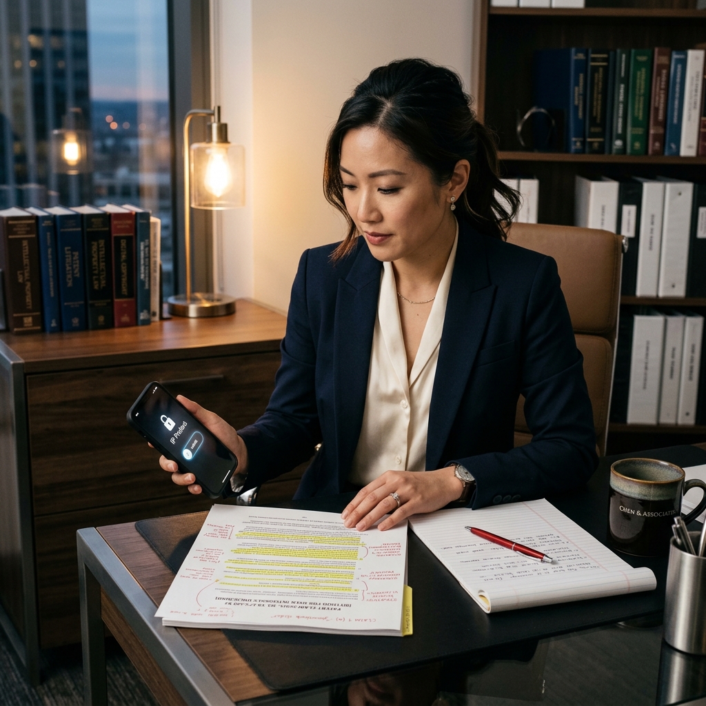 A female IP attorney studying the Apple Slide to Unlock patent claim language alongside her phone; the intersection of tech and legal strategy