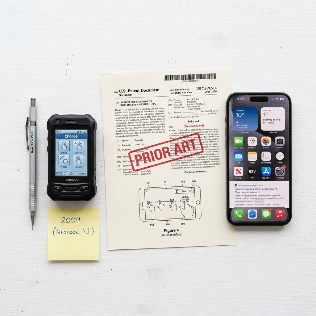 The Neonode N1m (2004) next to a modern smartphone; the prior art that challenged Apple's most famous patent