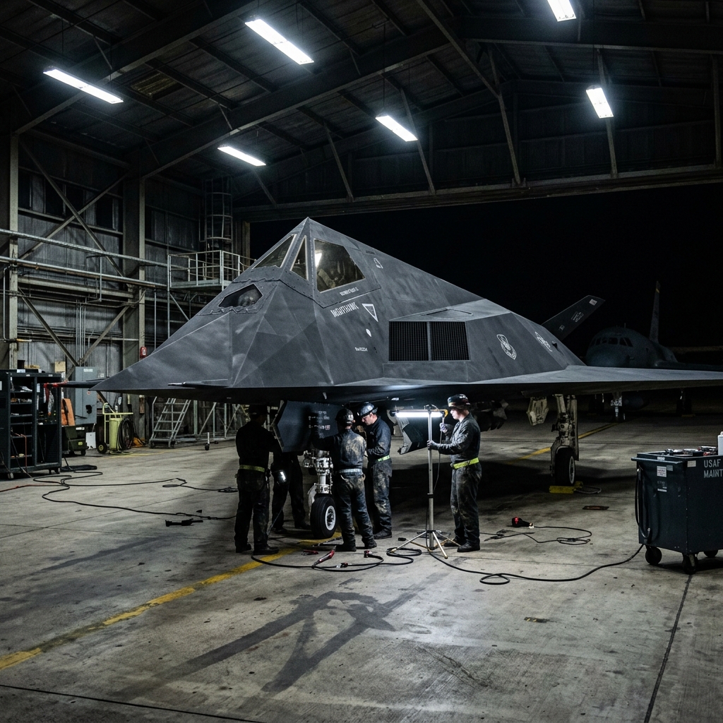 A stealth aircraft parked in a hangar with maintenance crew working nearby under overhead lights
