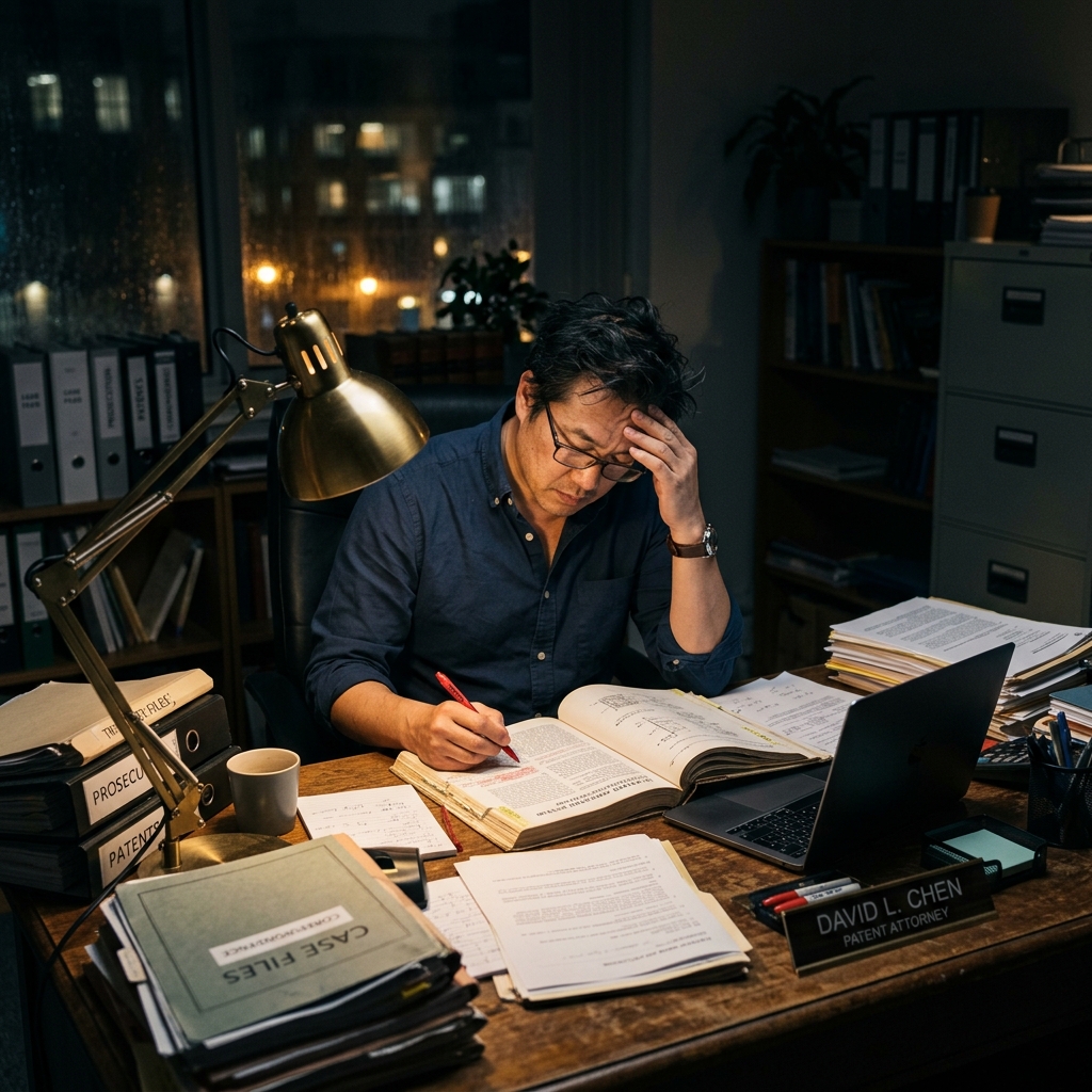 A patent attorney late at night reviewing printed documents at a desk covered in papers