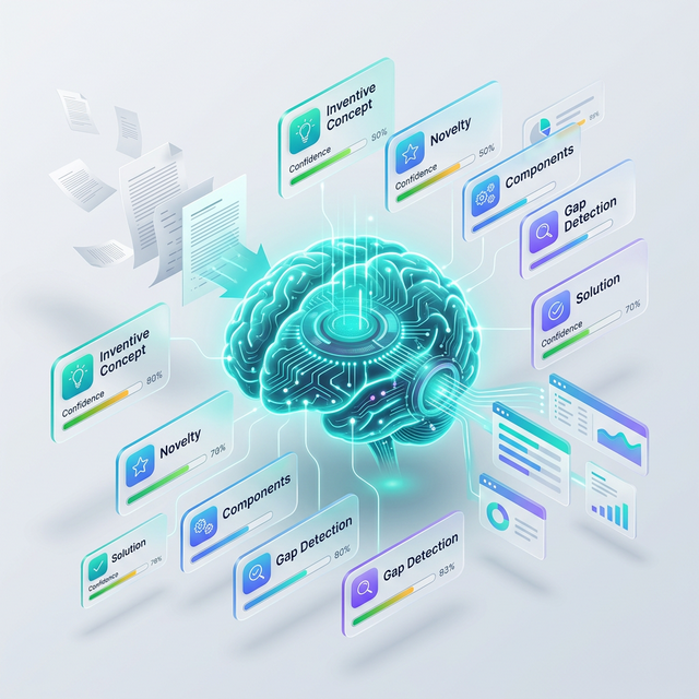 eety.ai — The Brain engine analyzing patent invention disclosures across 15 technical dimensions including novelty, component mapping, and gap detection
