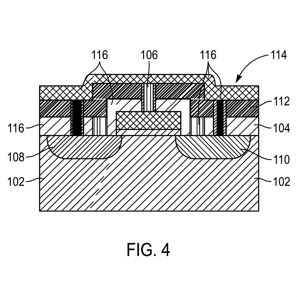 eety.ai — FIG. 4 Semiconductor Cross-Section, an AI-generated patent figure showing multi-layer IC device structure with hatching and reference numerals