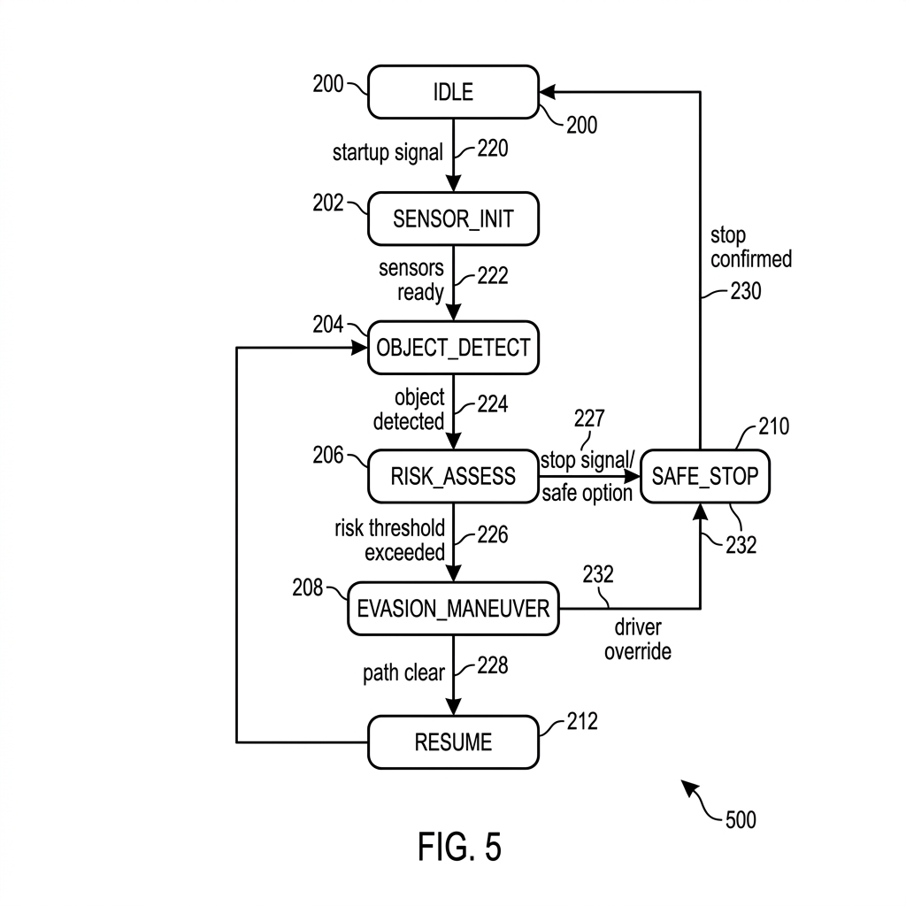 eety.ai — FIG. 5 State Machine Diagram, an AI-generated patent figure showing autonomous vehicle control states and transitions
