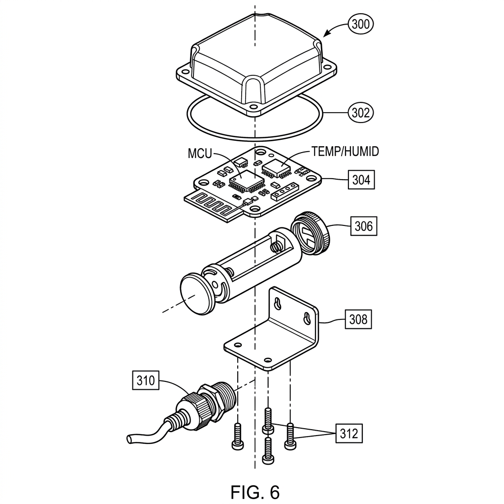 eety.ai — FIG. 6 Exploded Assembly View, an AI-generated patent figure showing an IoT sensor housing with all components separated along assembly axis
