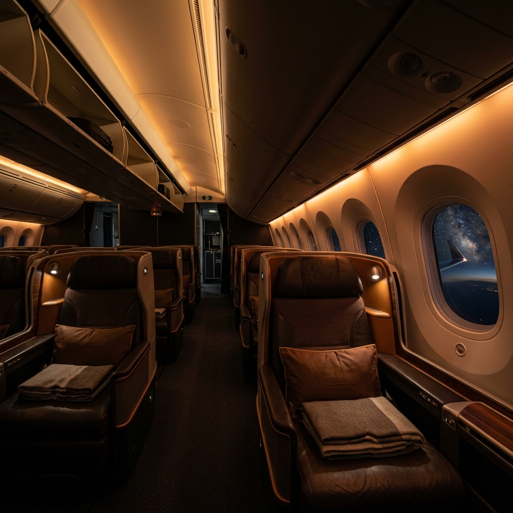 Luxury airline cabin at night — the experience, not the engine