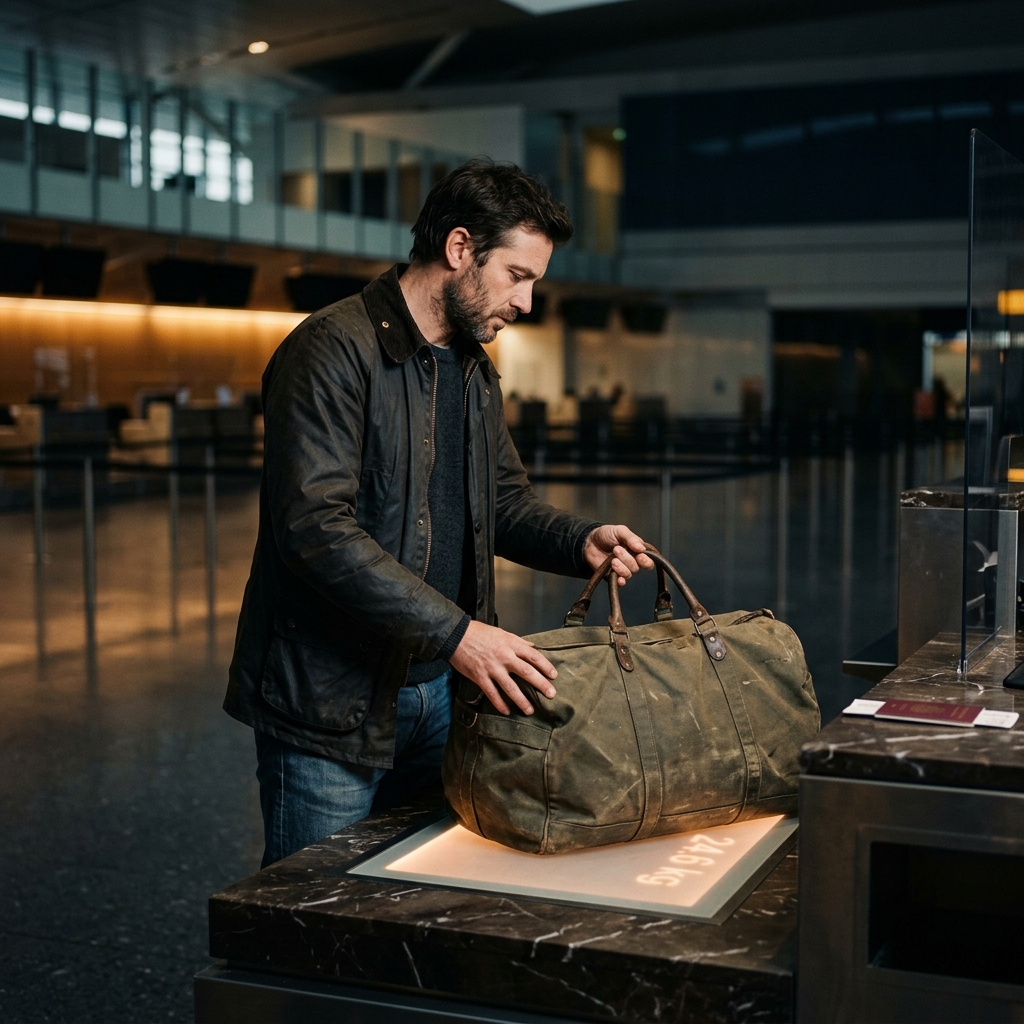 A traveller placing a bag on a check-in scale at an airport counter