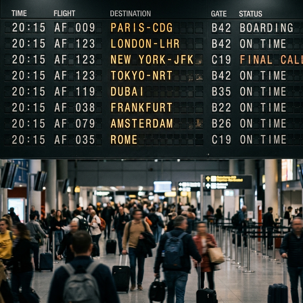 A large airport departure board with flight statuses lit up in rows