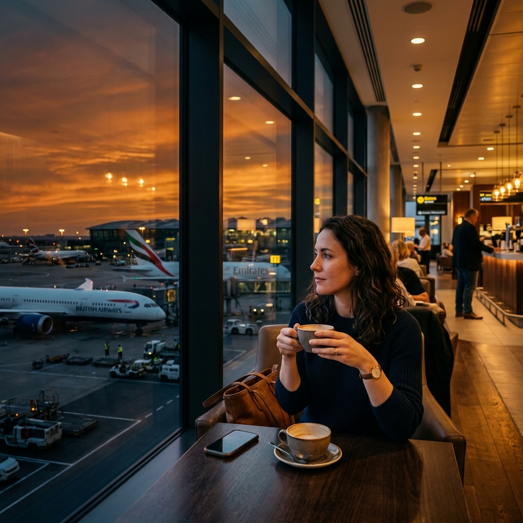 A busy airport terminal with travellers shopping and dining while departure boards are visible overhead