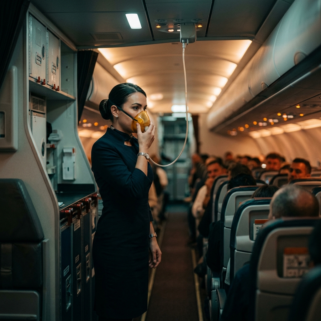 A flight crew conducting a pre-departure briefing in an aircraft cabin aisle