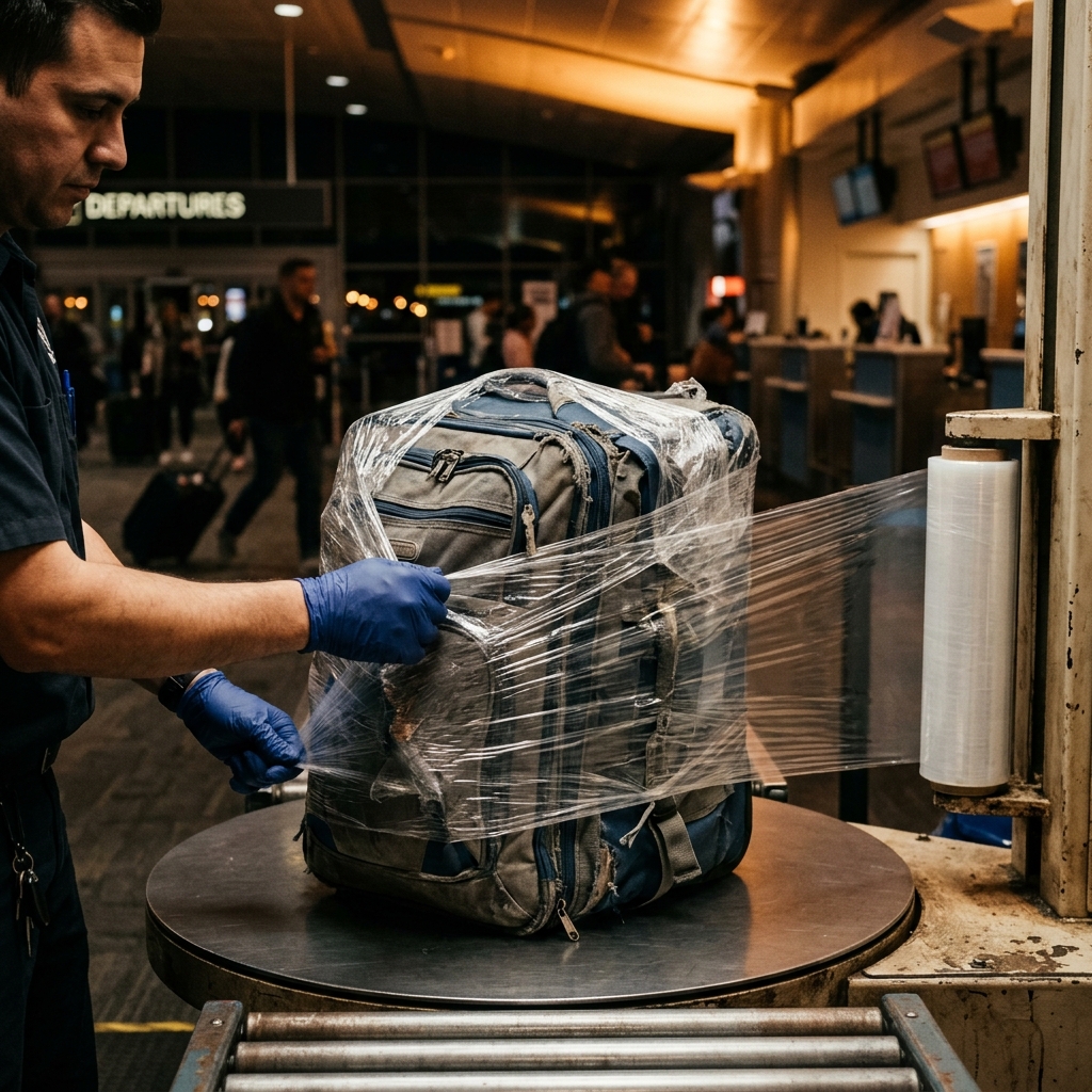 An airport luggage wrapping station with a worker wrapping a bag in industrial plastic