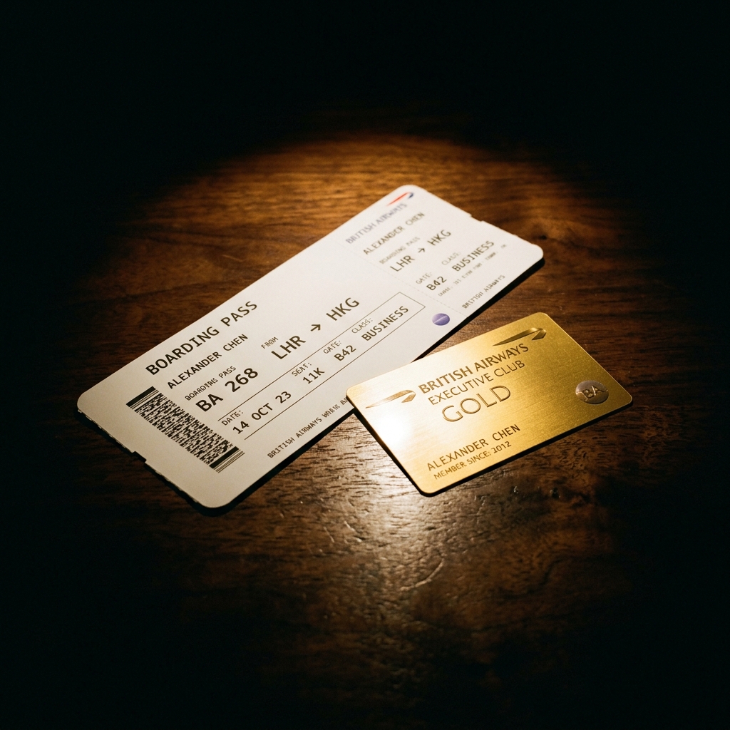 A boarding pass and frequent flyer card on a dark surface, lit from above