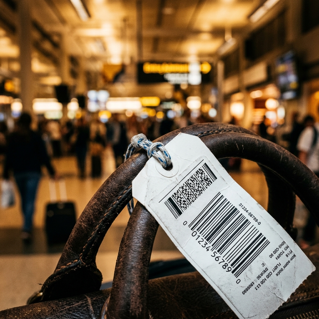 A close-up of a luggage barcode tag attached to a bag handle at an airport