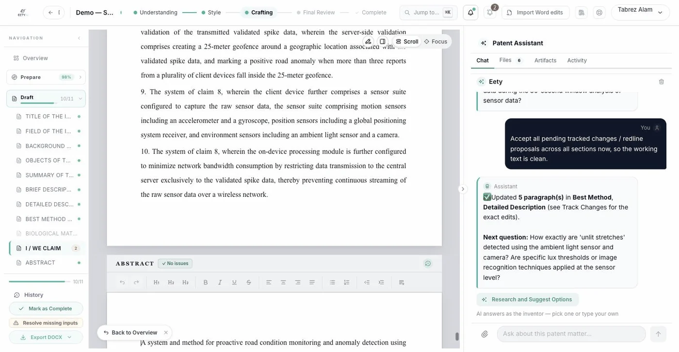 The drafted claim set in the editor, independent and dependent claims numbered in place.