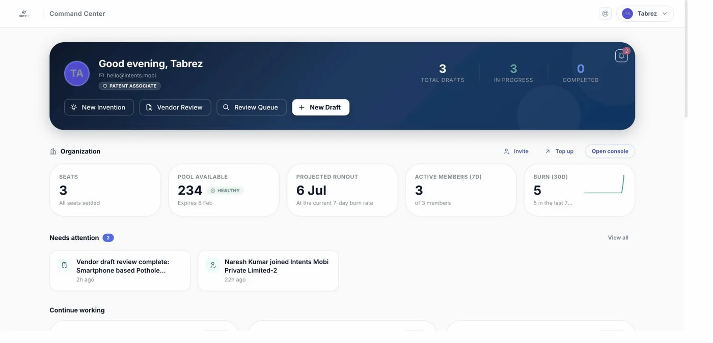 The org console: seats, shared token pool, projected run-out at the current burn rate, and what needs attention.