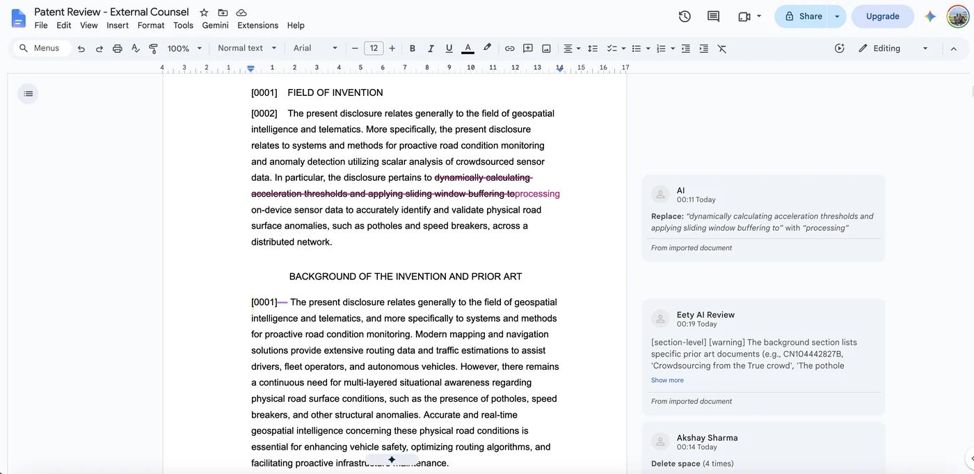 The exported redline opened by its recipient: an insertion replacing struck-through text, with each change and comment attributed by name.