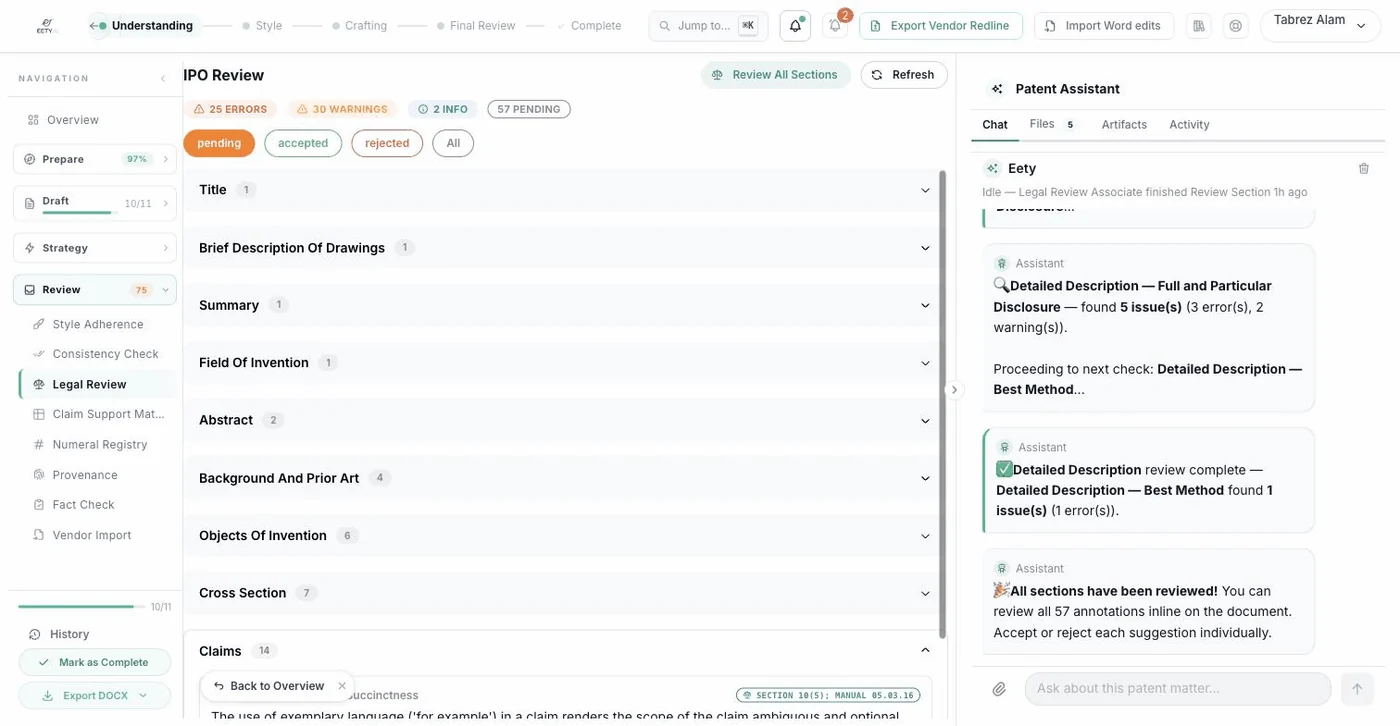 The review dashboard: every section reviewed, findings graded as errors, warnings and information.