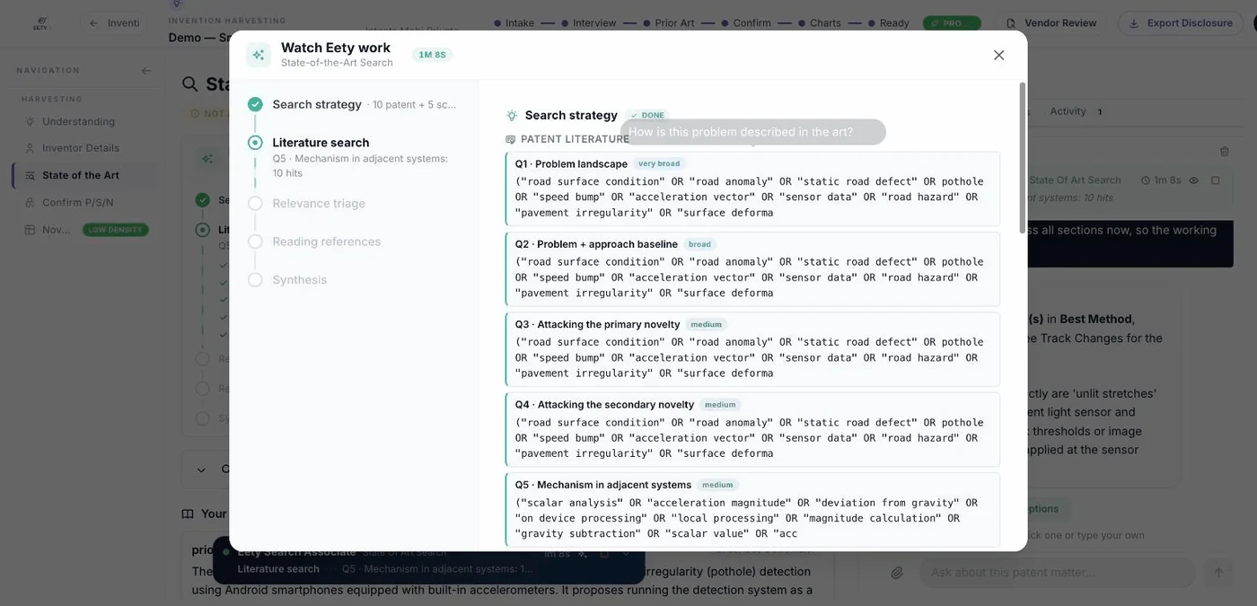 The search ladder mid-run: patent-register queries with their breadth labels, completing one by one.