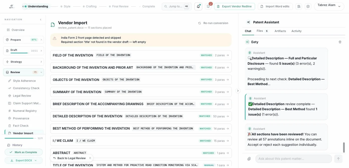The mapping panel: vendor headings matched onto the template sections, one left for manual assignment, the Form 2 front page skipped.
