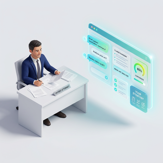 eety.ai — Patent attorney working alongside AI assistant, illustrating the assistant philosophy where you lead and eety executes