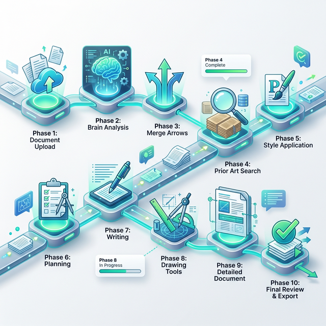 eety.ai — Complete 10-phase intelligent patent drafting pipeline, from disclosure upload through AI analysis and drawing generation to final DOCX export