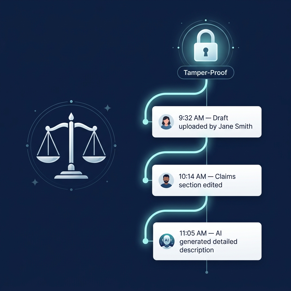 Illustration of tamper-proof audit trail showing timestamped entries: Draft uploaded, Claims edited, AI generated description — with attorney balance scale icon