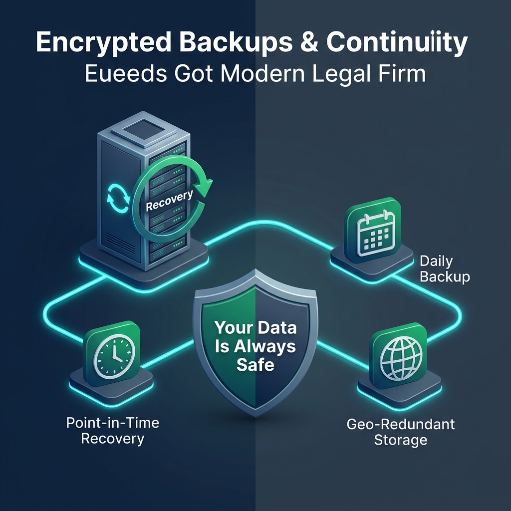 Diagram showing three-layered backup system: daily backups, point-in-time recovery, and geo-redundant storage — all protecting your data with a central shield