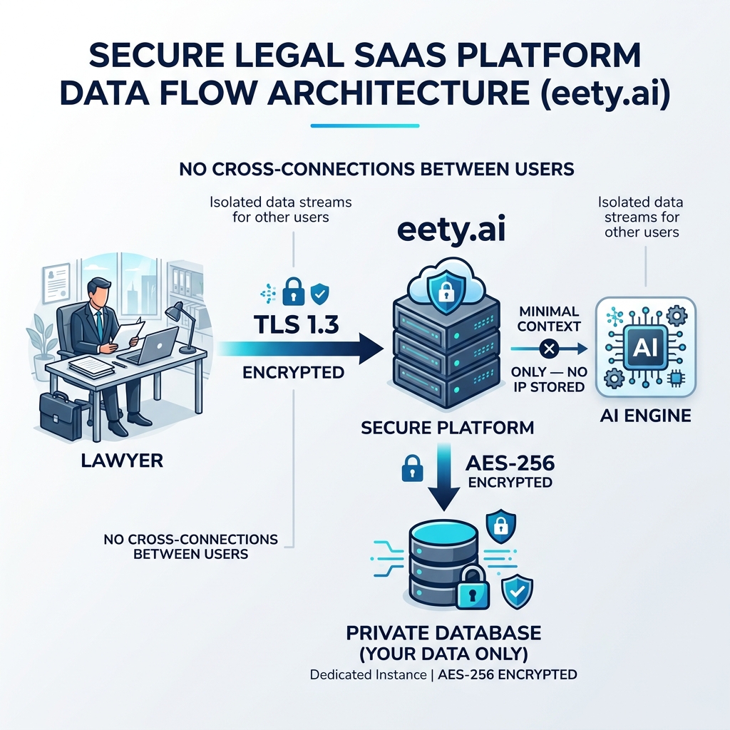 Data flow diagram showing encrypted path from lawyer to eety.ai to private database, with isolated AI engine