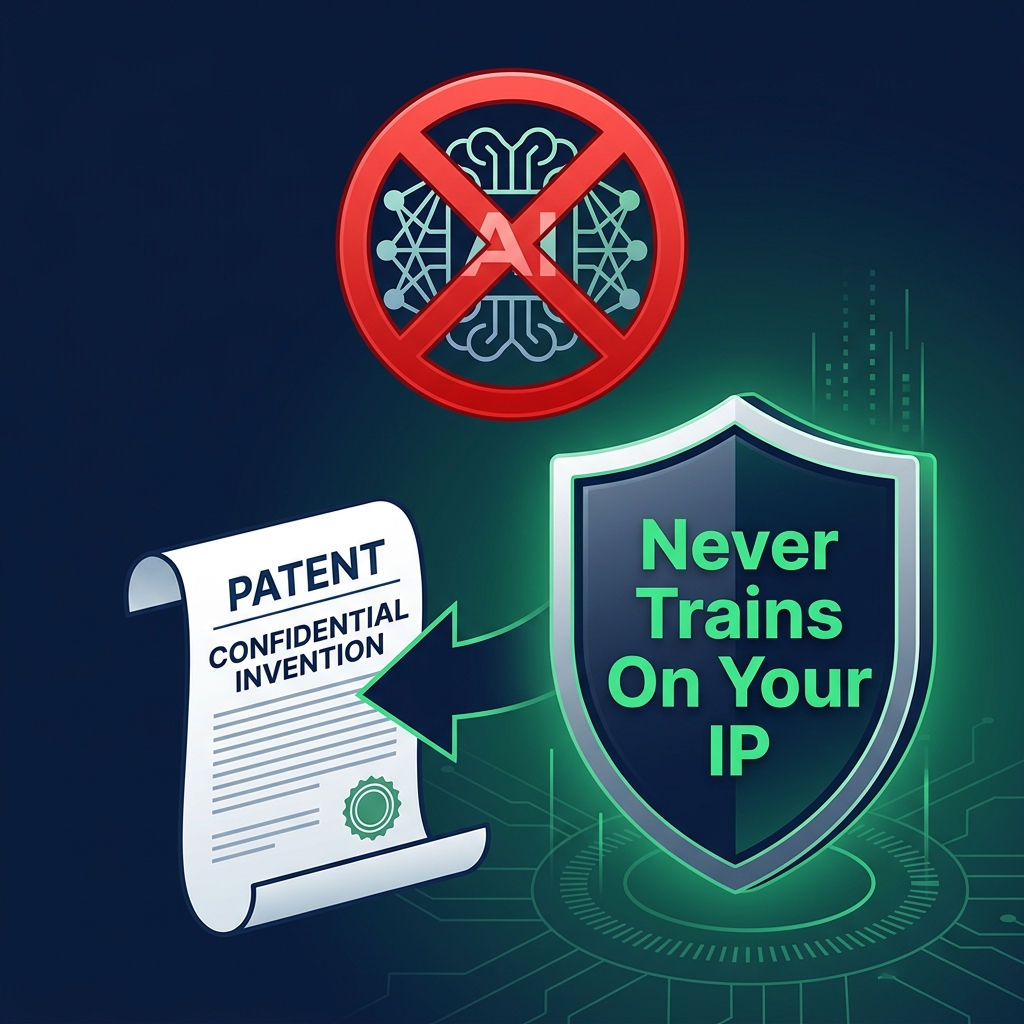 Illustration showing a prohibition sign over AI brain, with patent document protected by a shield labeled Never Trains On Your IP