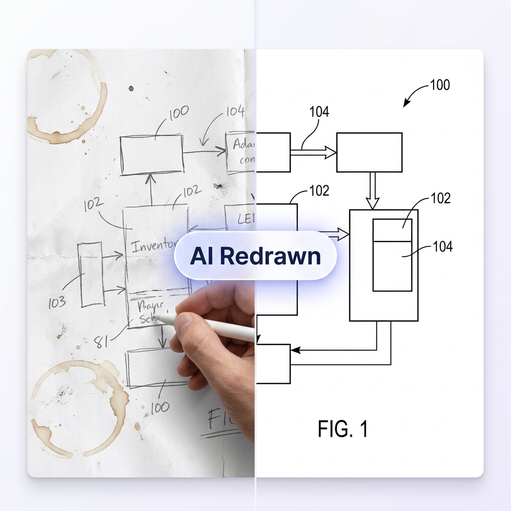 eety.ai — Bring Your Own Drawings: rough inventor sketch on the left transformed into a formal USPTO-compliant patent figure on the right